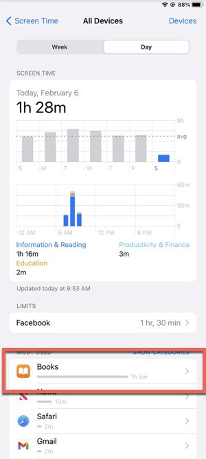 Tracking reading time with Apple Screen Time.